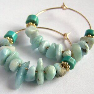 Natural LARIMAR & TURQUOISE 14k Gold Filled Hoop Earring Rustic Raw Artisan made